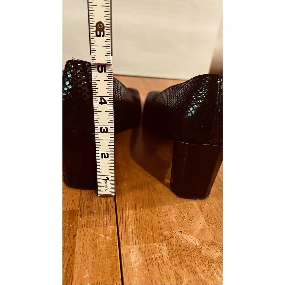 Stuart Weitzman Black Leather Snakeskin Embossed Leather Square Toes Block Heels